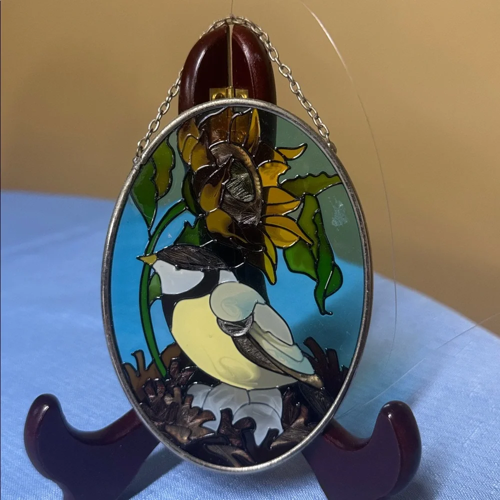Stained Glass Bird Suncatcher Yellow Bird on nest with Sunflower hand painted